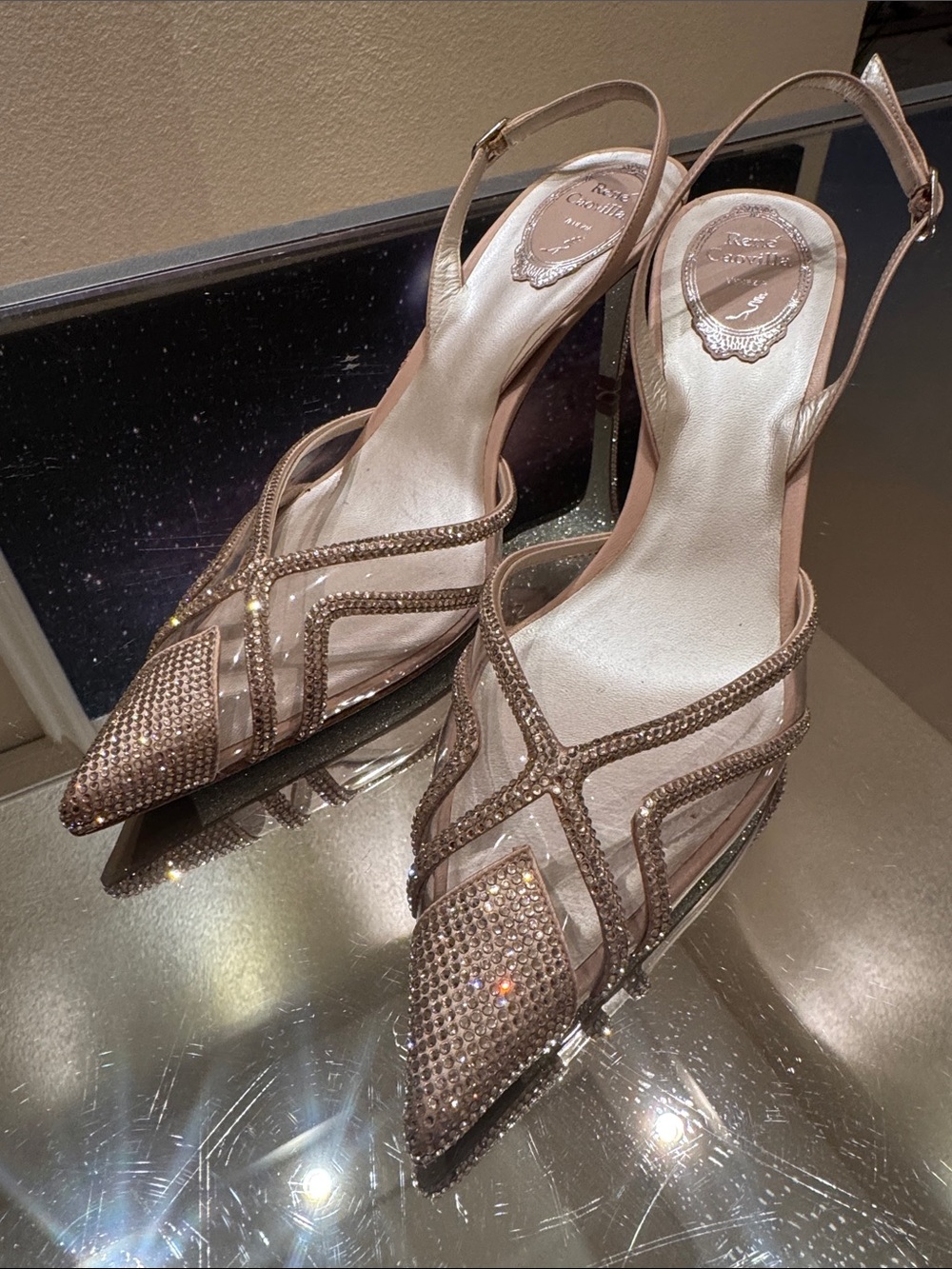 Rene Caovilla PVC Crystal Slingback Crystal Mules